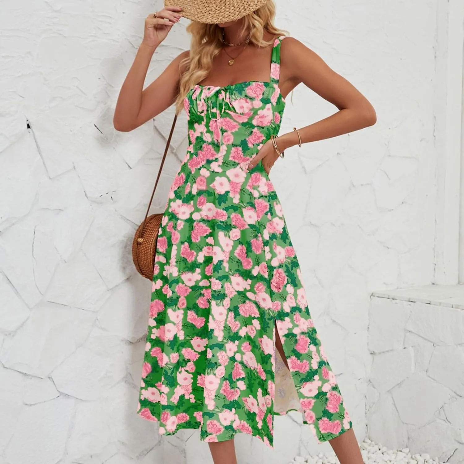 Milkmaid Dress Women 2025 Summer Elegant Square Neck Sleeveless Floral Corset Dress Boho Flowy Slit A Line Sundresses