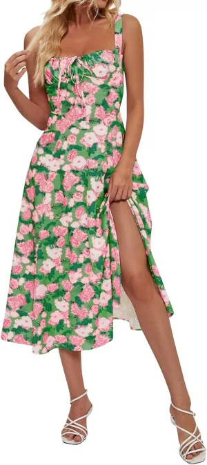 Milkmaid Dress Women 2025 Summer Elegant Square Neck Sleeveless Floral Corset Dress Boho Flowy Slit A Line Sundresses