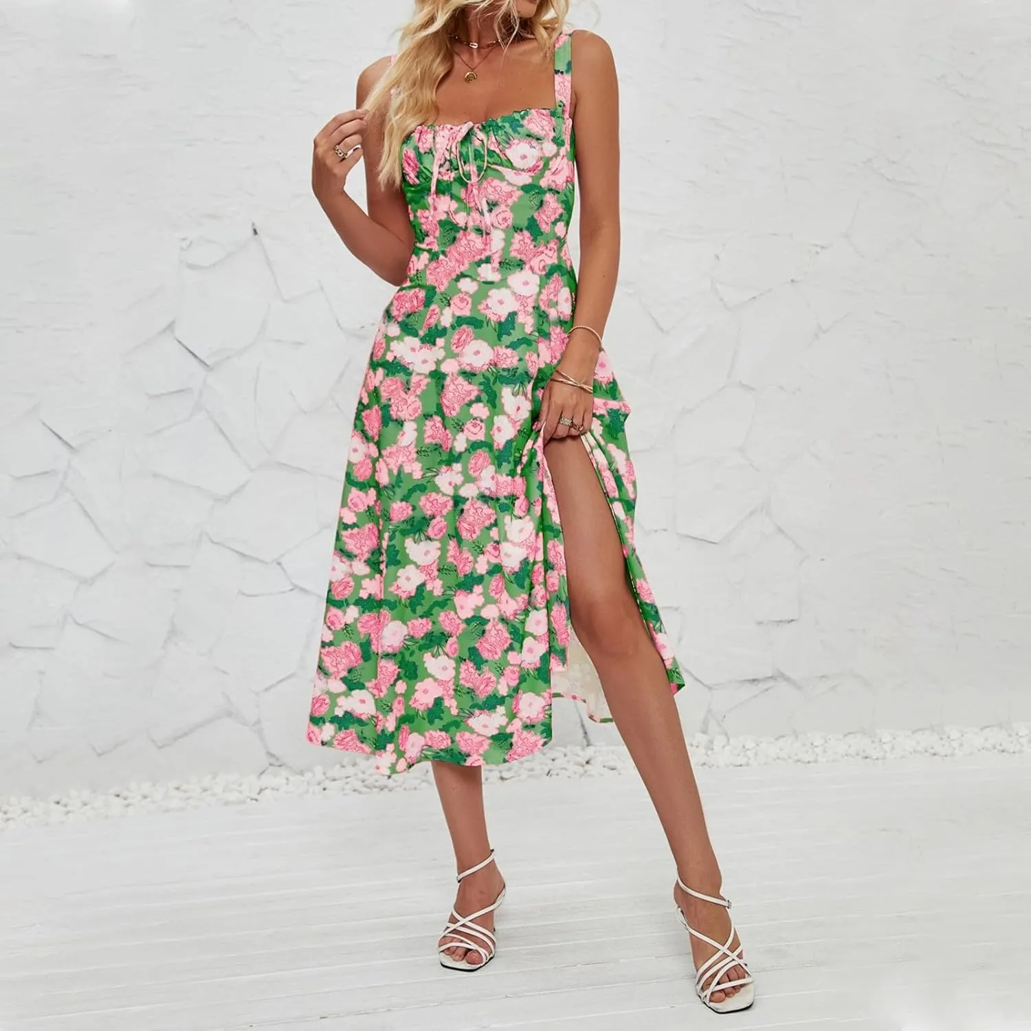 Milkmaid Dress Women 2025 Summer Elegant Square Neck Sleeveless Floral Corset Dress Boho Flowy Slit A Line Sundresses