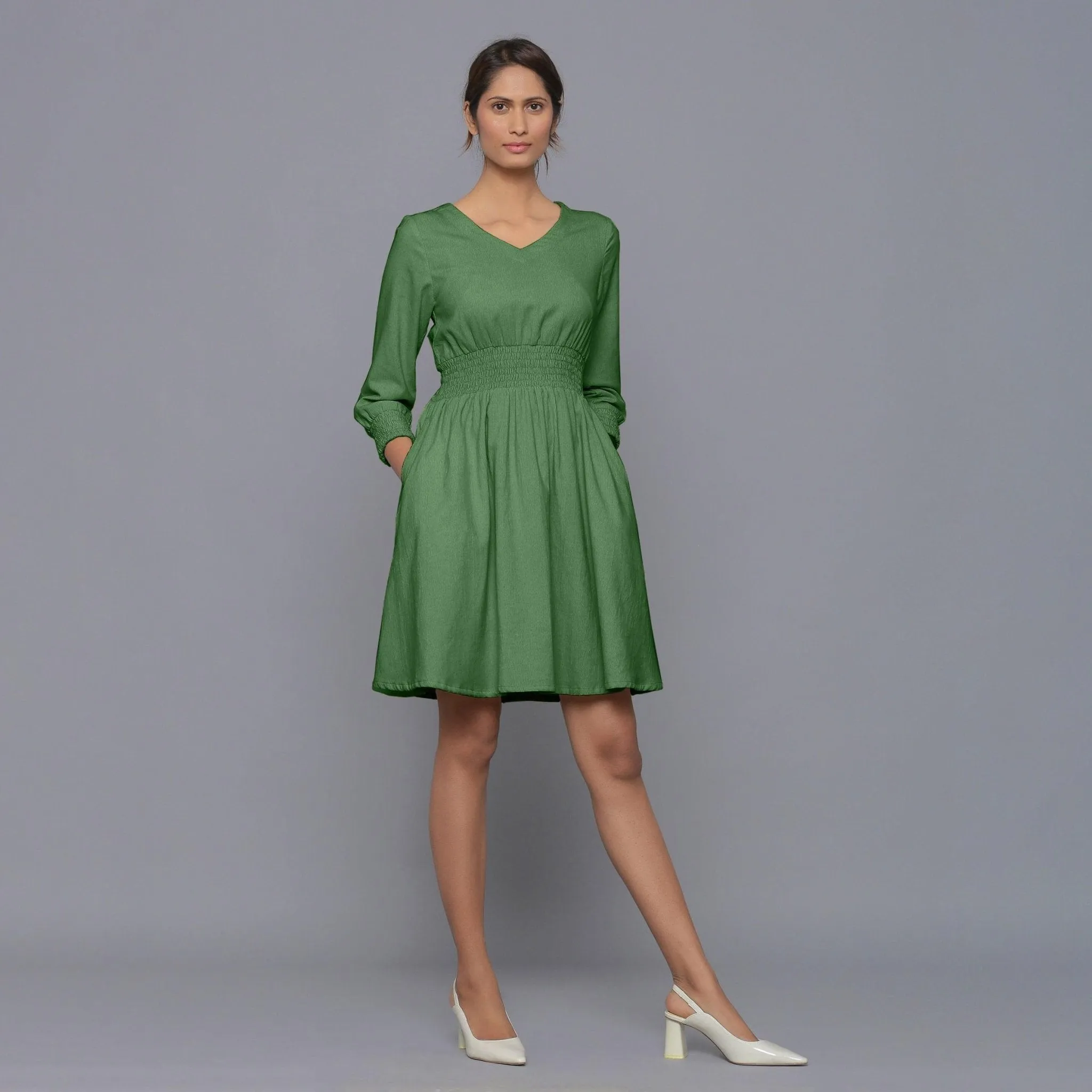 Moss Green Warm Cotton Corduroy Short Dress