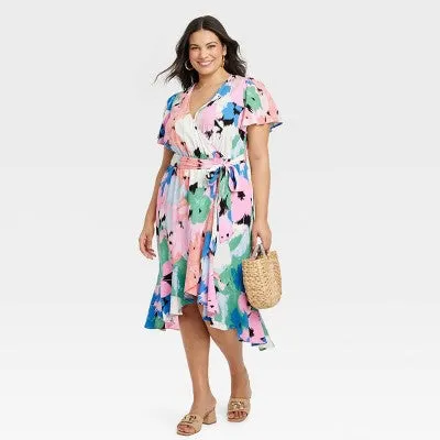 New - Women's Flutter Short Sleeve Midi Wrap Dress - Ava & Viv Abstract Floral 2X