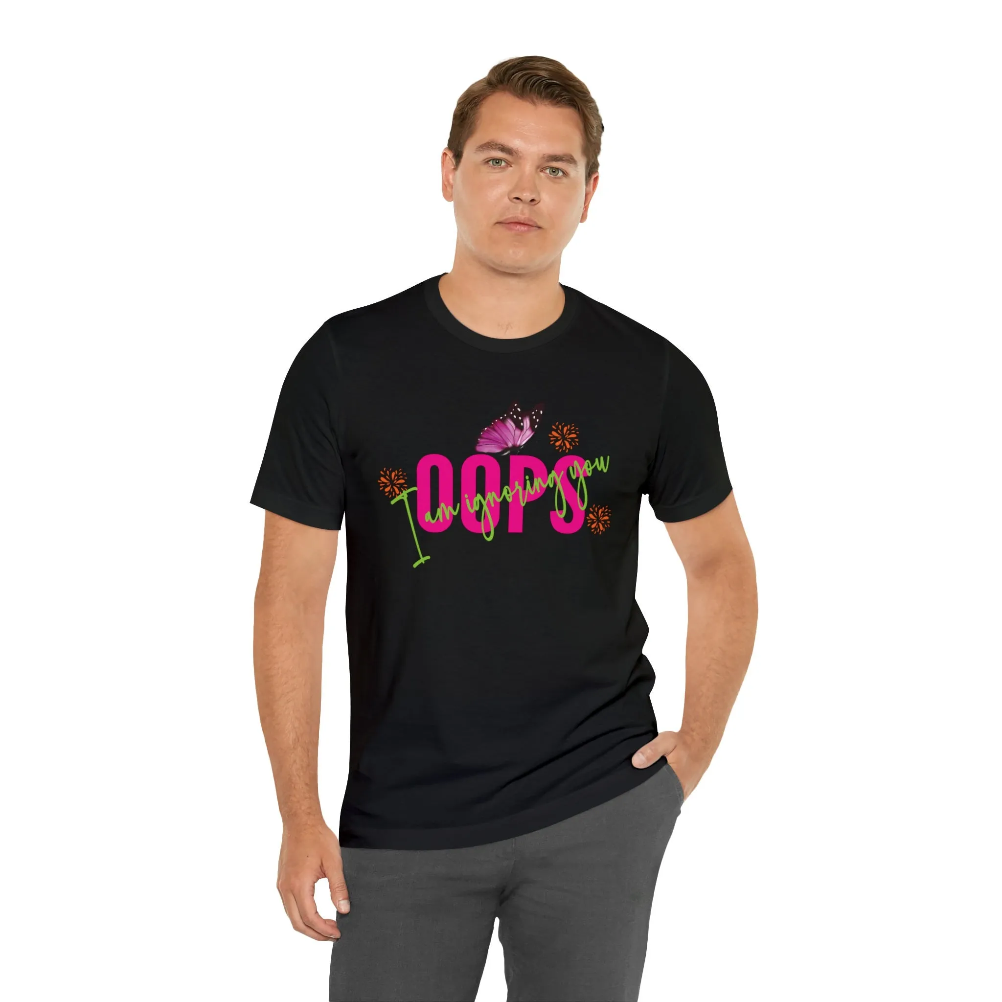 Oops Black T-Shirt | Colorful Funny Tshirt | Sorry Graphics T Shirts Apparel | Lose tee | Sympathy Card Short Sleeve Tee