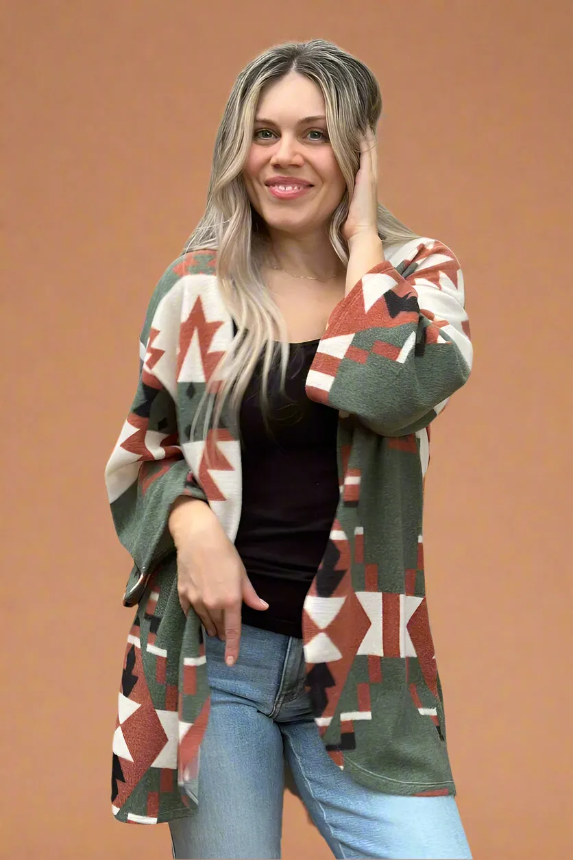 Open Cardigan Aztec Print Olive