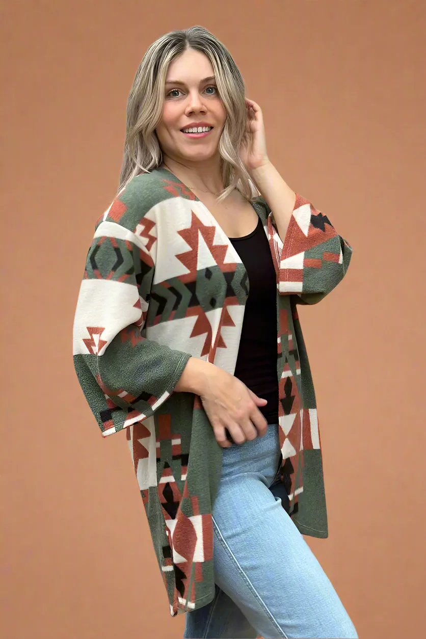Open Cardigan Aztec Print Olive