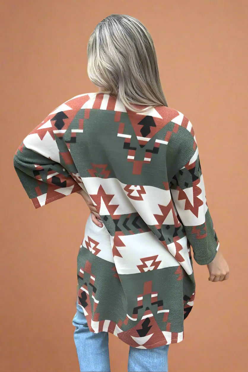Open Cardigan Aztec Print Olive