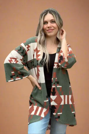 Open Cardigan Aztec Print Olive