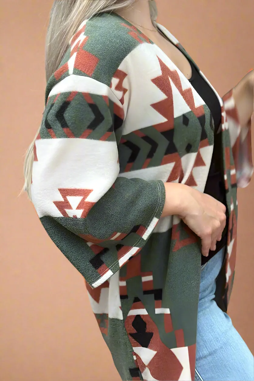 Open Cardigan Aztec Print Olive