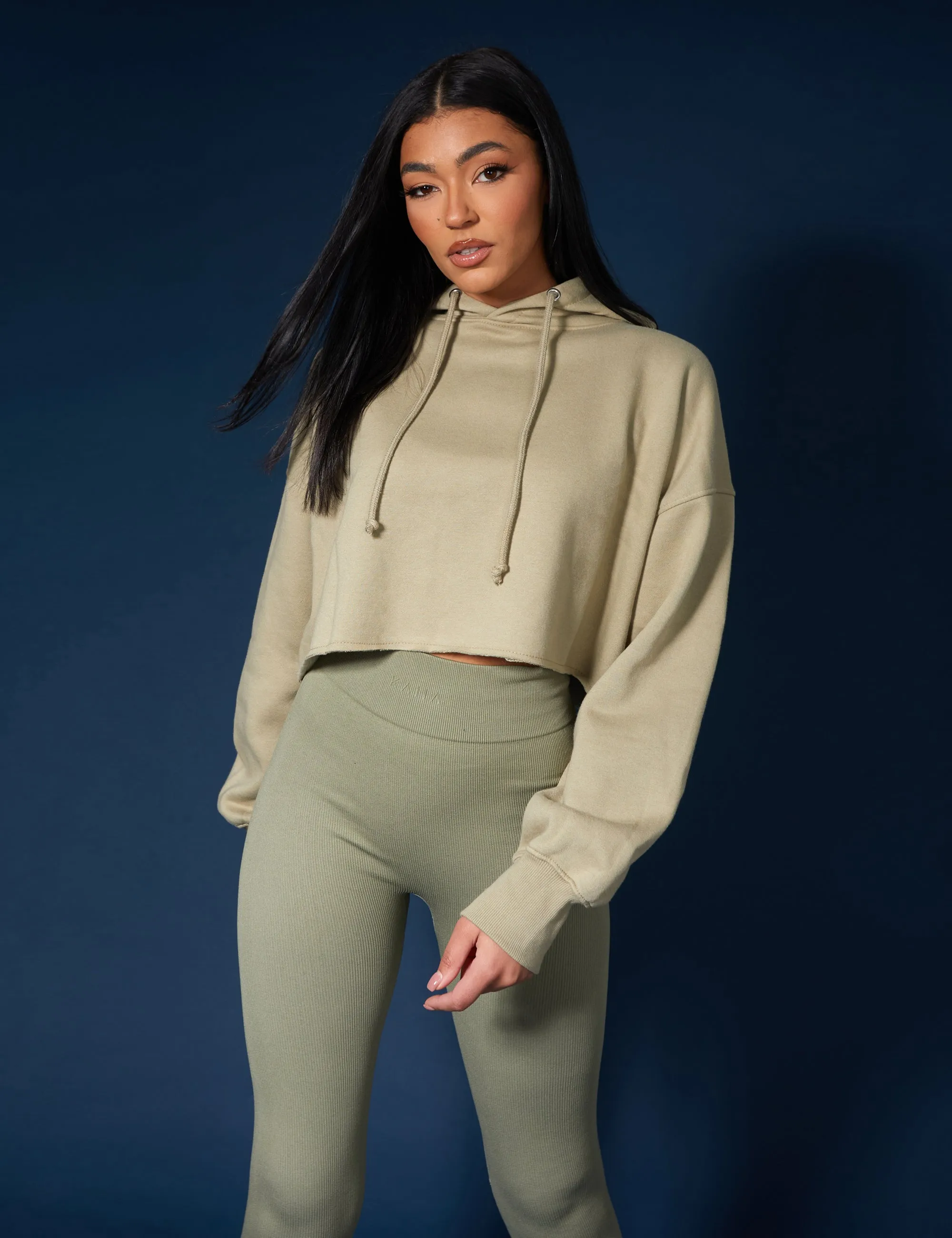 Oversized Cropped Light Khaki Sweat Hoodie