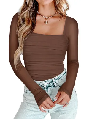 PINKMSTYLE Women's Square Neck Mesh Long Sleeve Bodysuit Going Out Tops Sheer Sexy Club Outfits Party Shirts Coffee Small