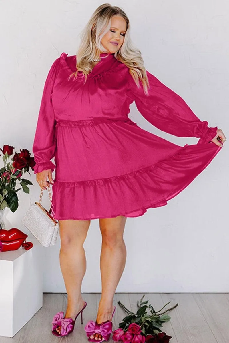 Plus Size Ruffled Bubble Sleeve Pink Rose Dress