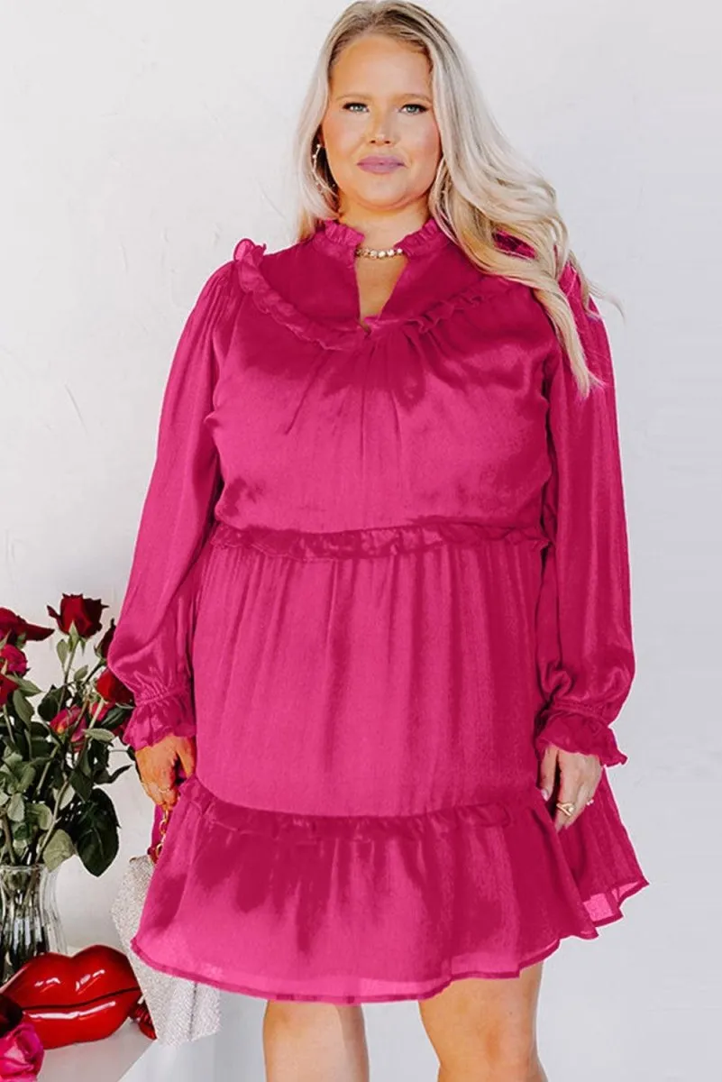 Plus Size Ruffled Bubble Sleeve Pink Rose Dress