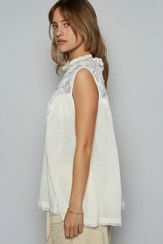 POL Lace Detail Floral Sleeveless Rayon Gauze Top In Natural