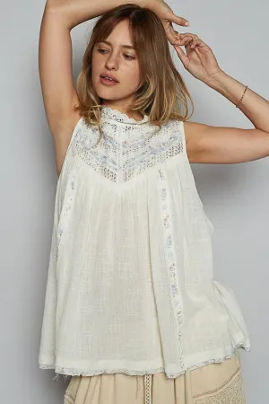 POL Lace Detail Floral Sleeveless Rayon Gauze Top In Natural