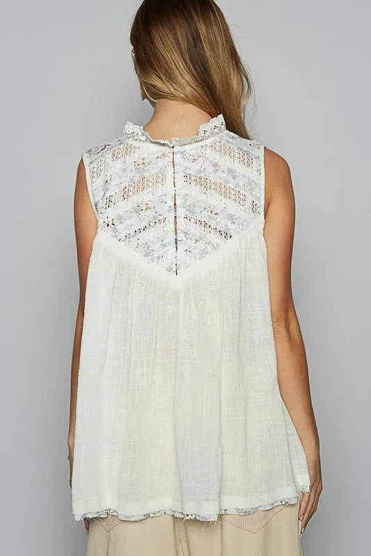 POL Lace Detail Floral Sleeveless Rayon Gauze Top In Natural