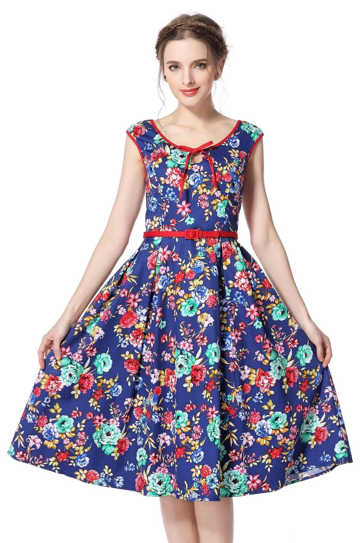 Royal Blue Flower Scoop Neck Bow Tie Vintage Swing Dress