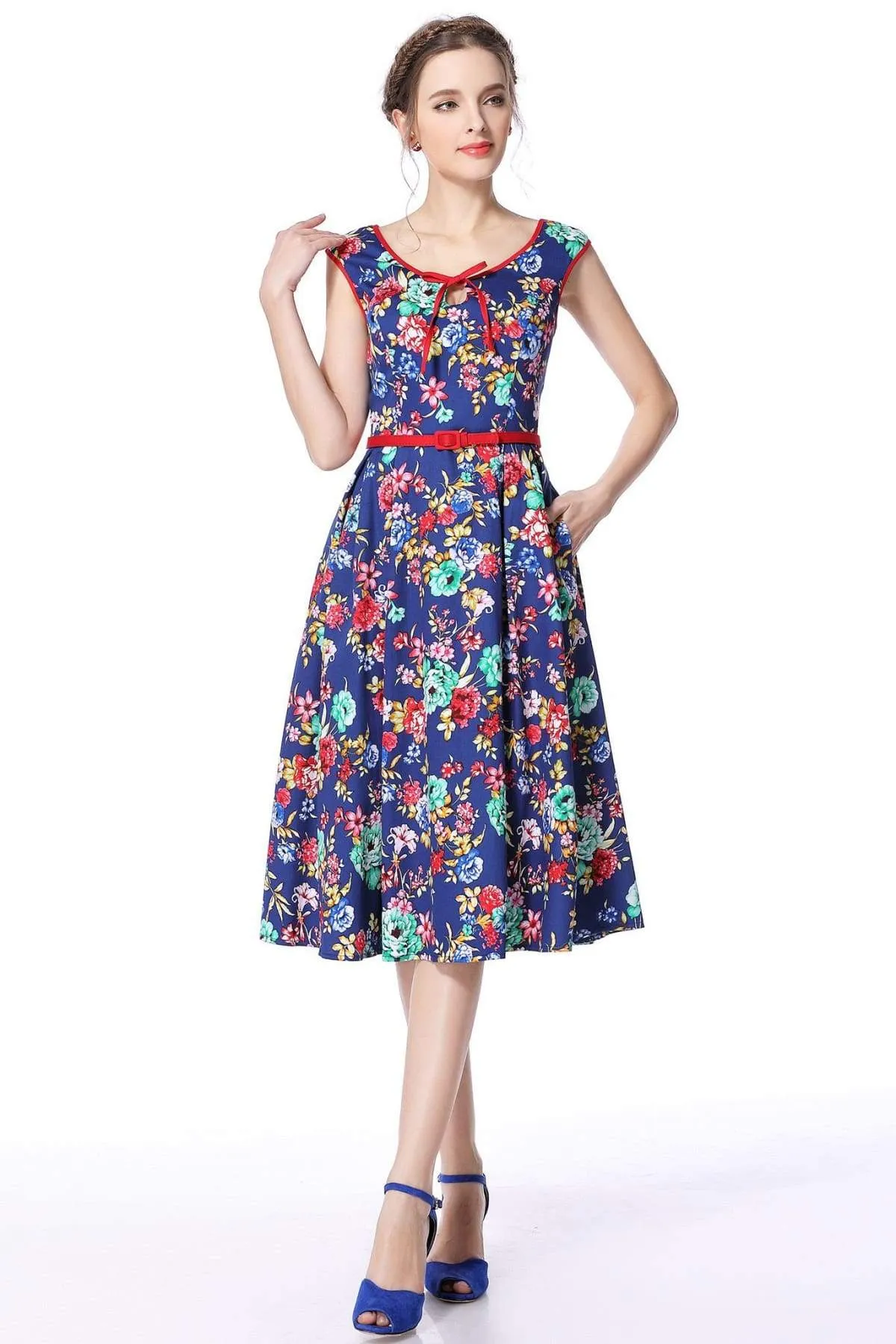 Royal Blue Flower Scoop Neck Bow Tie Vintage Swing Dress