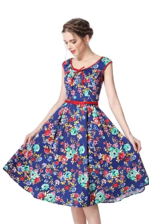 Royal Blue Flower Scoop Neck Bow Tie Vintage Swing Dress