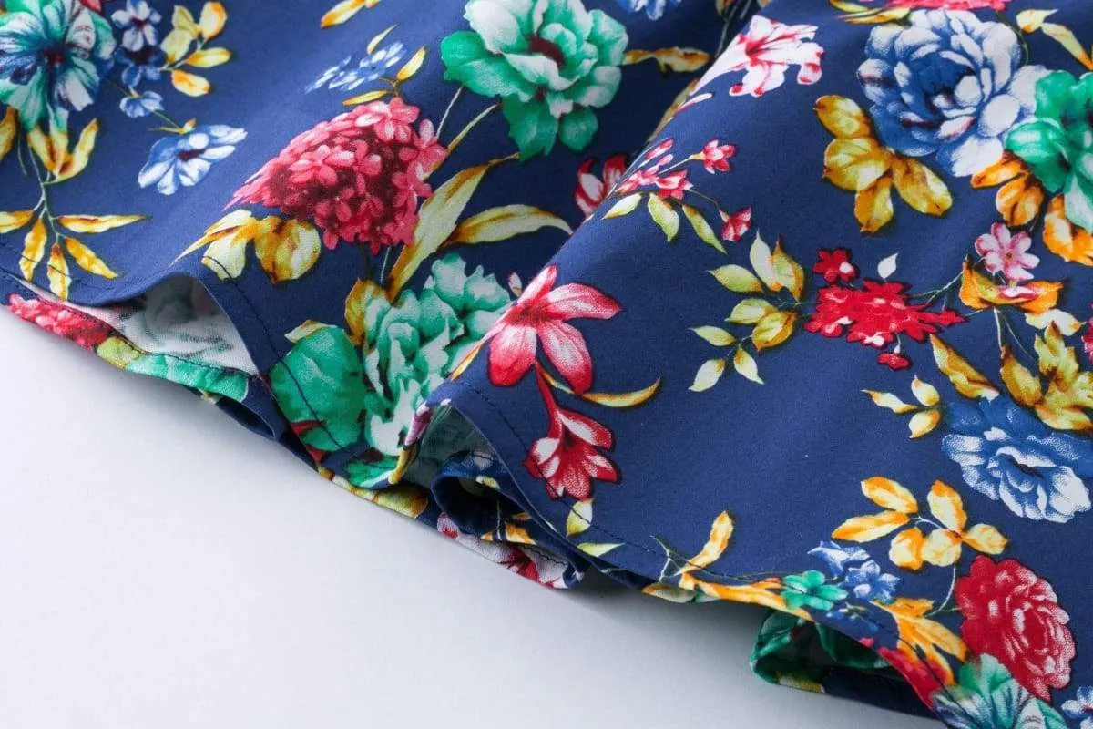 Royal Blue Flower Scoop Neck Bow Tie Vintage Swing Dress