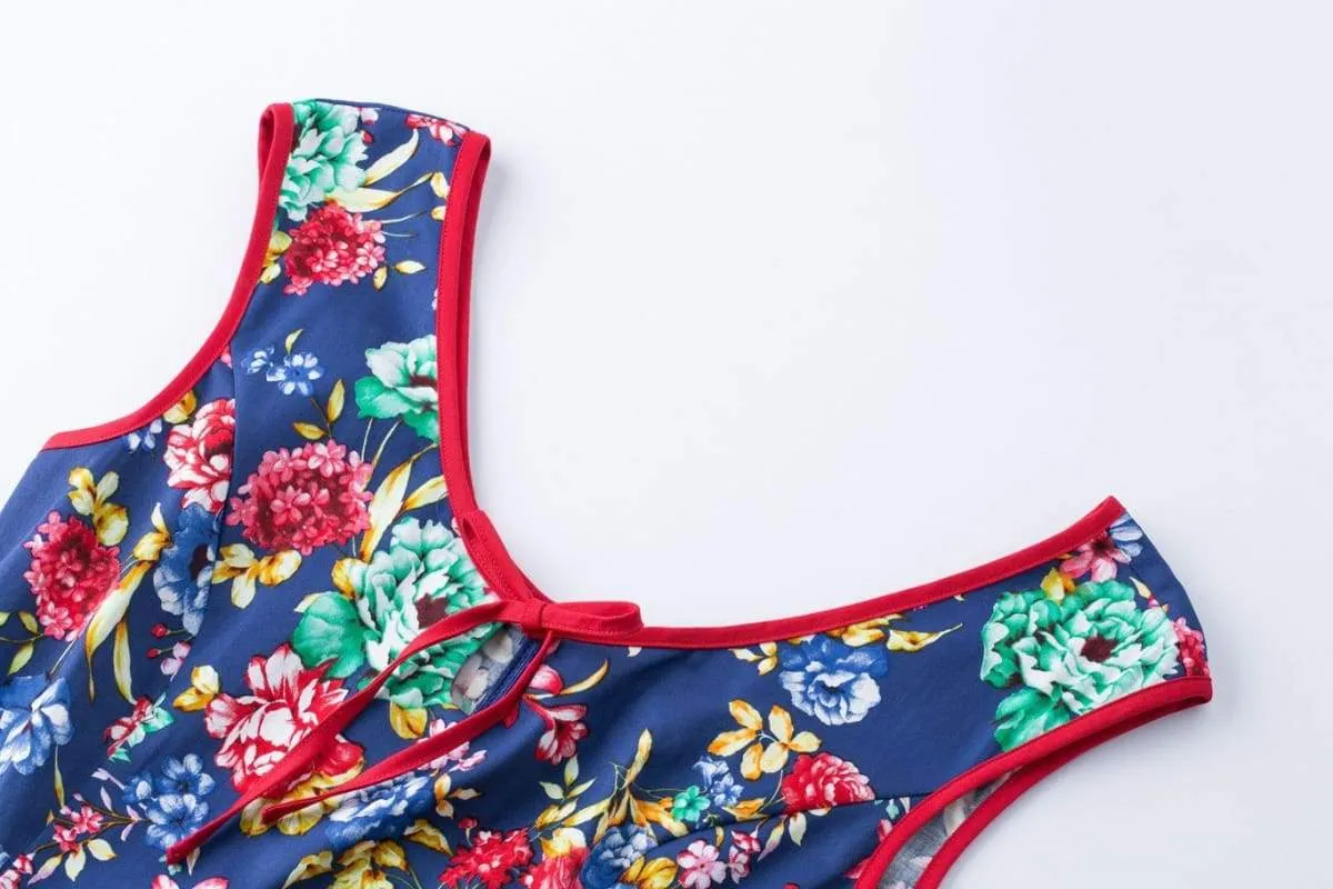 Royal Blue Flower Scoop Neck Bow Tie Vintage Swing Dress