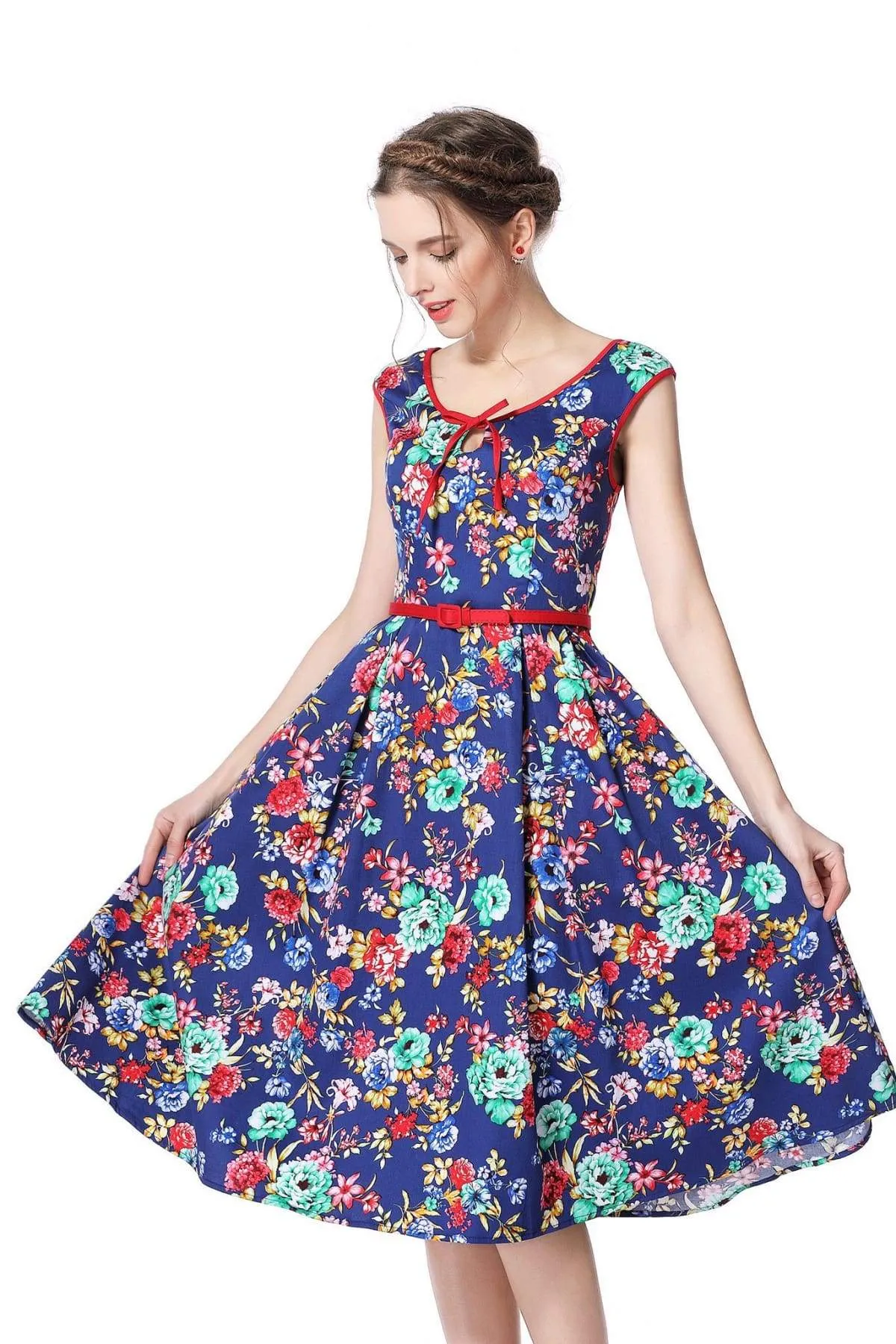 Royal Blue Flower Scoop Neck Bow Tie Vintage Swing Dress