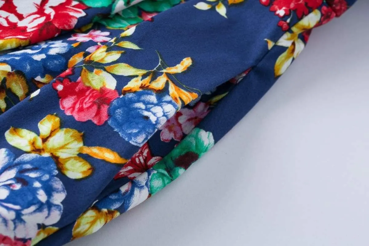 Royal Blue Flower Scoop Neck Bow Tie Vintage Swing Dress