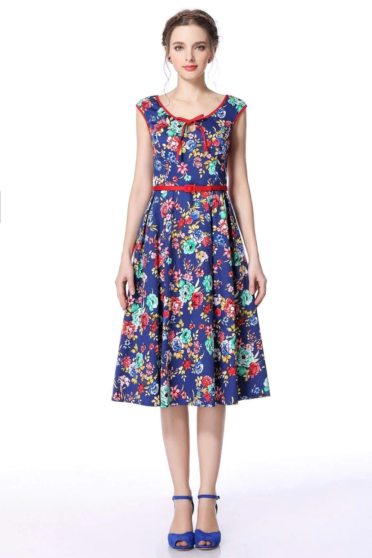 Royal Blue Flower Scoop Neck Bow Tie Vintage Swing Dress