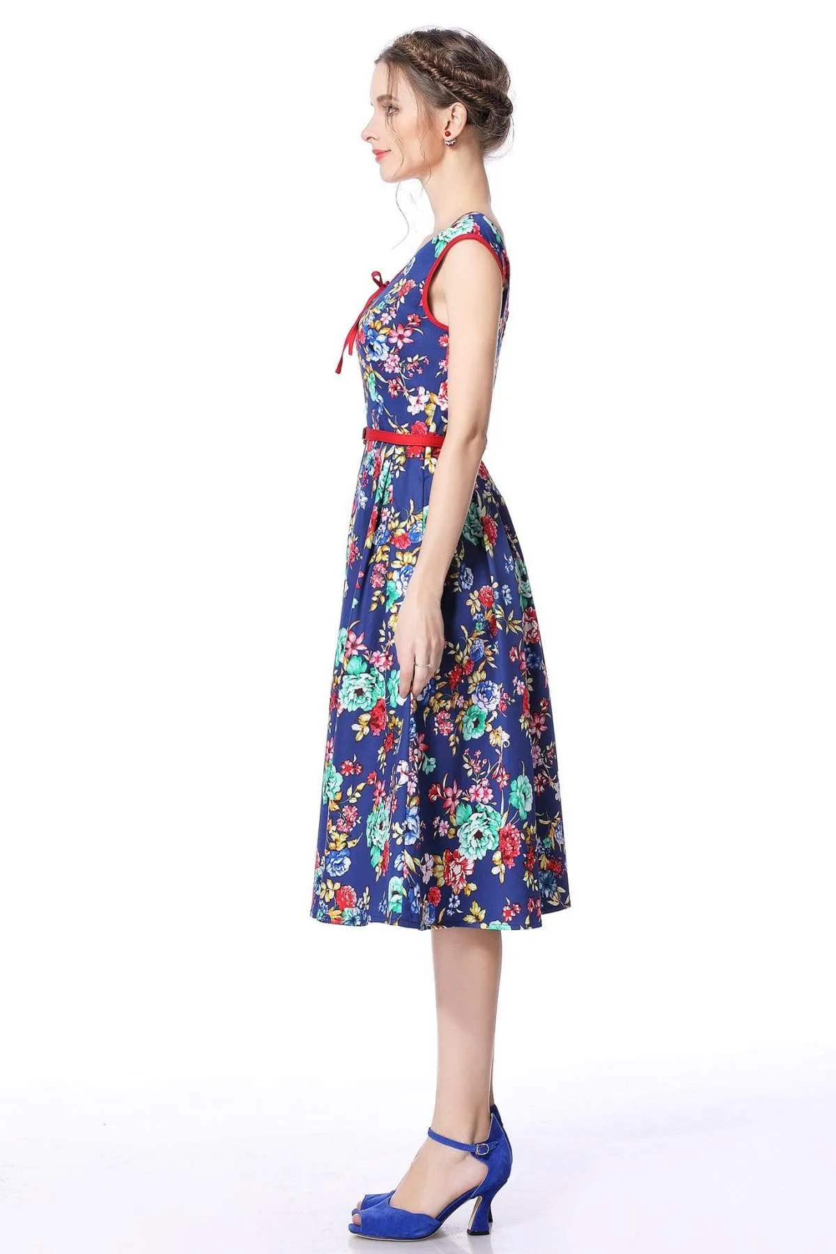 Royal Blue Flower Scoop Neck Bow Tie Vintage Swing Dress