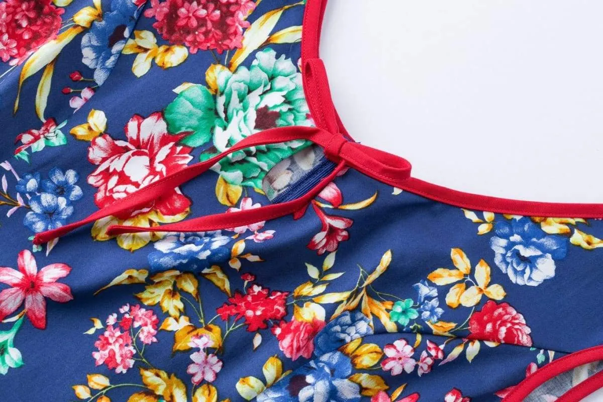 Royal Blue Flower Scoop Neck Bow Tie Vintage Swing Dress