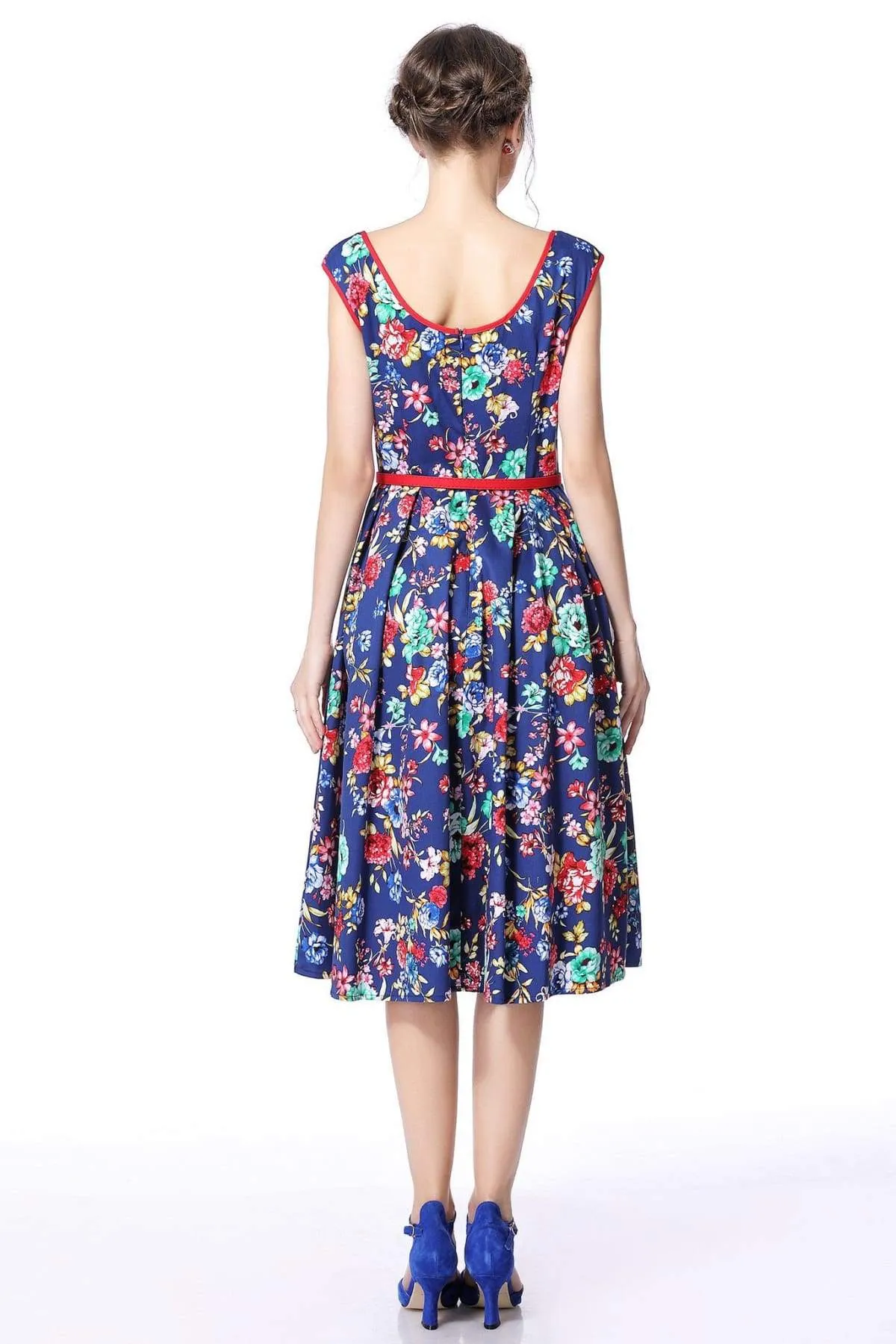 Royal Blue Flower Scoop Neck Bow Tie Vintage Swing Dress