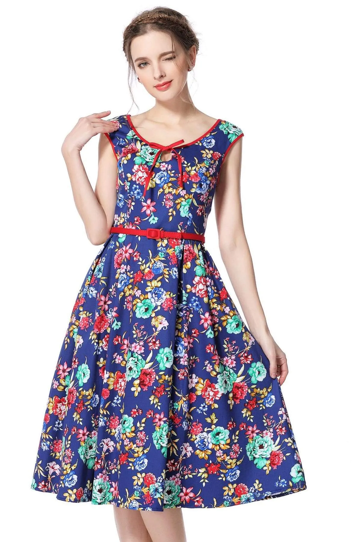 Royal Blue Flower Scoop Neck Bow Tie Vintage Swing Dress