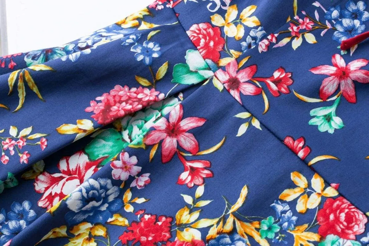 Royal Blue Flower Scoop Neck Bow Tie Vintage Swing Dress