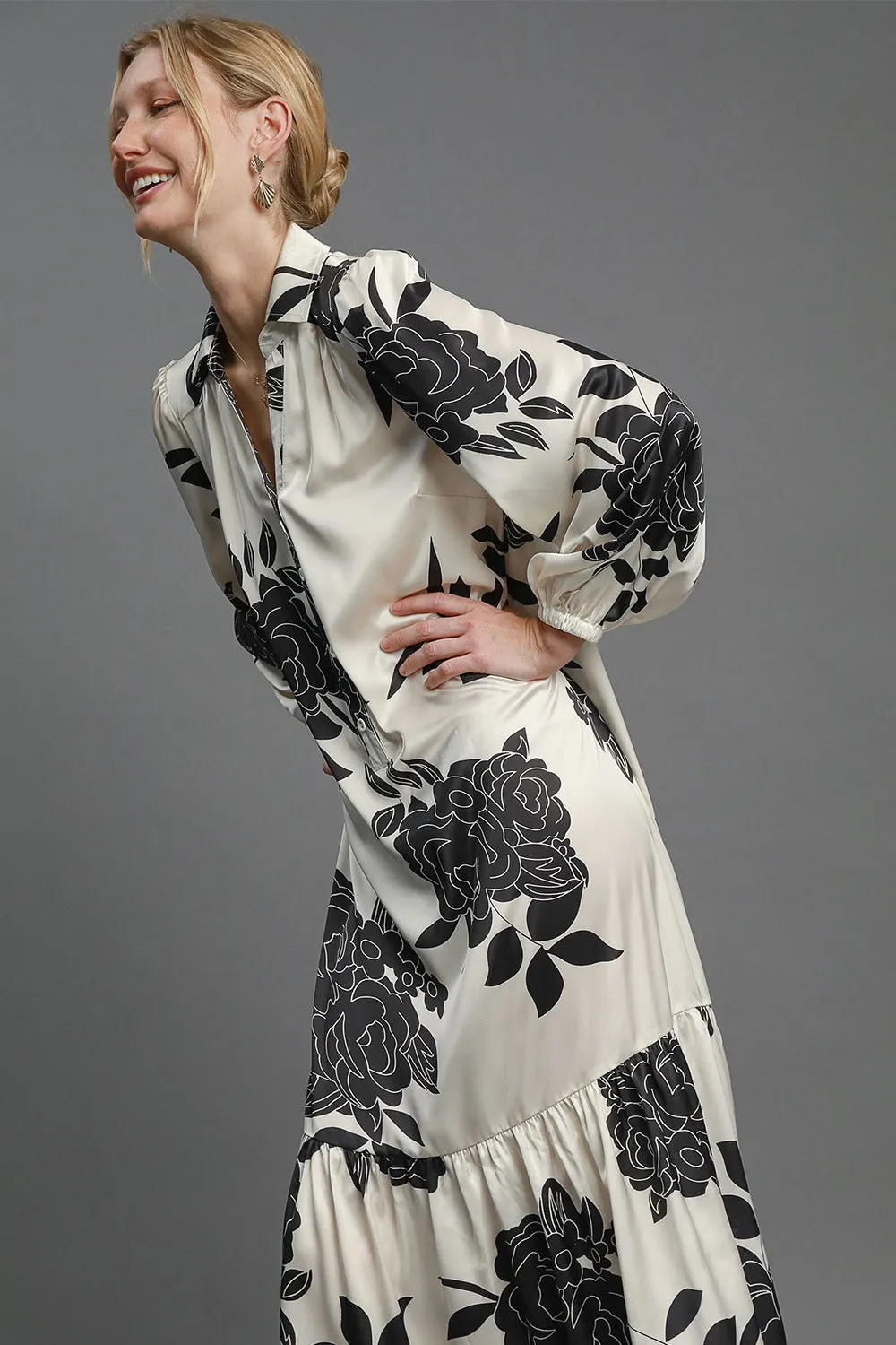 Ruffle Hem Flower Print Johnny Collar Dress