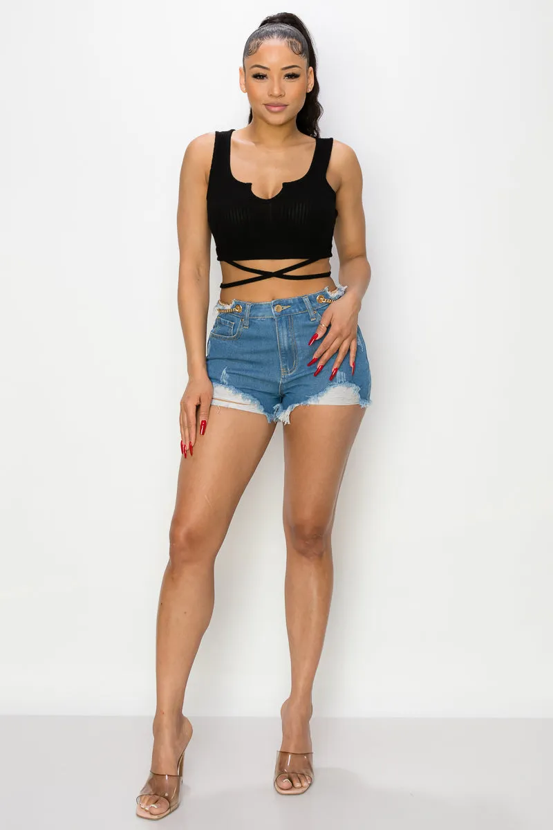 Side Chain Detailed Denim Shorts - Ships from The US