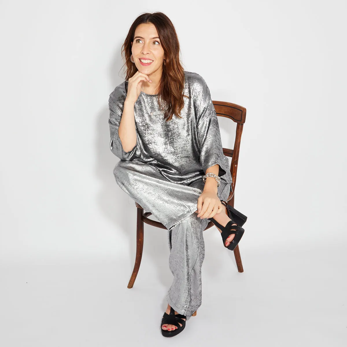 Silver Wide-Leg Trousers
