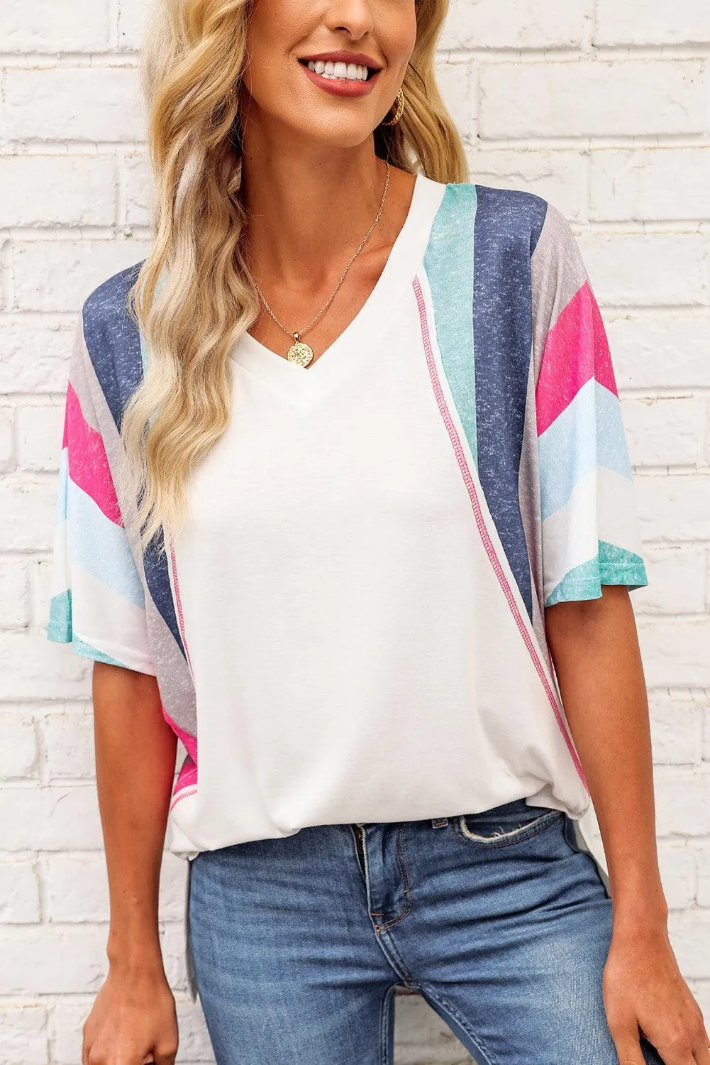 Slay The Day Rainbow Stripe V Neck Tee