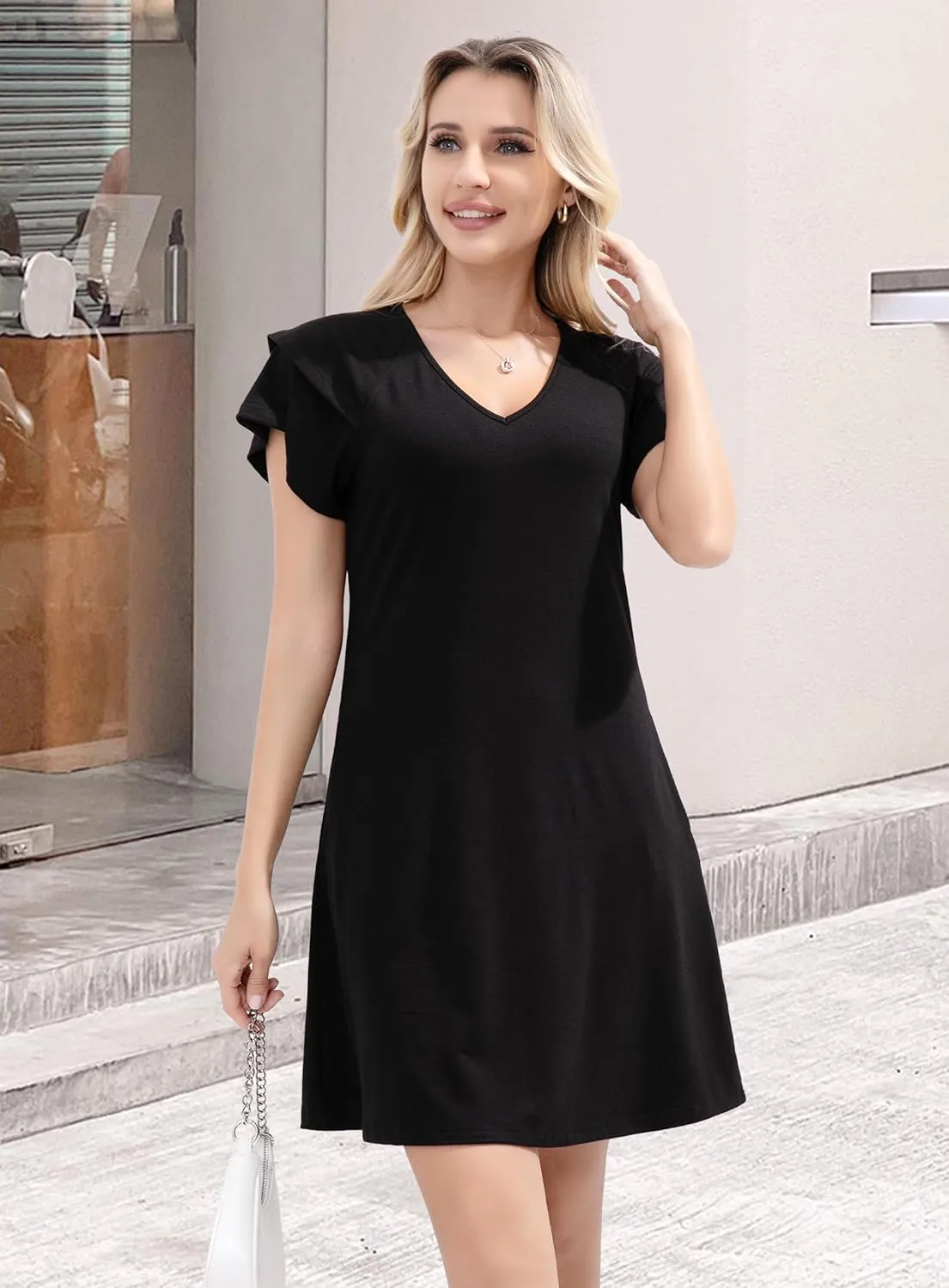 Summer Dresses for Women 2025 Casual Ruffle Sleeves Mini Dress Sundresses Floral Boho Beach Dresses with Pockets