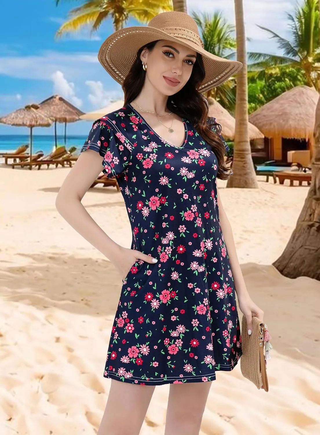 Summer Dresses for Women 2025 Casual Ruffle Sleeves Mini Dress Sundresses Floral Boho Beach Dresses with Pockets