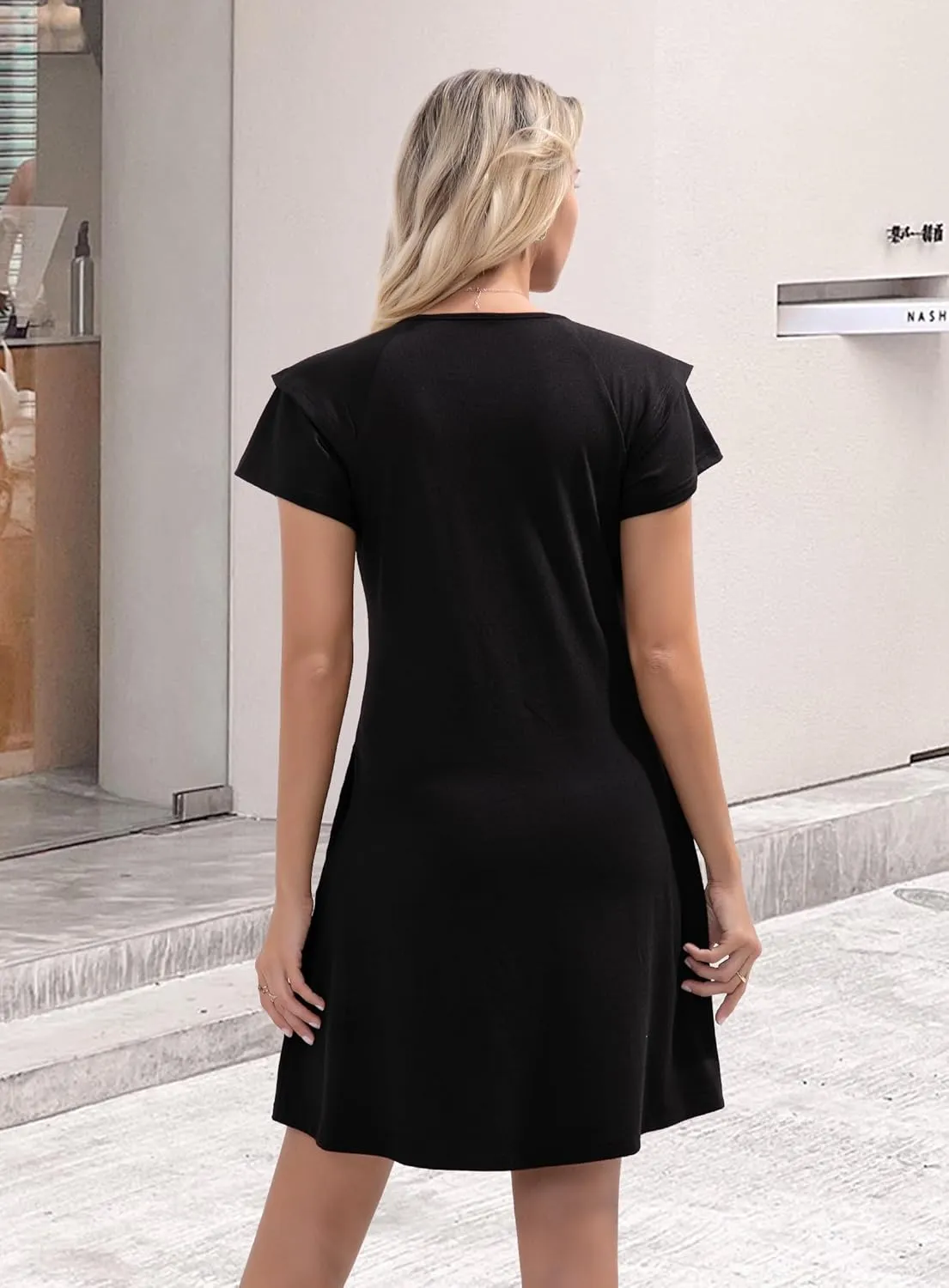Summer Dresses for Women 2025 Casual Ruffle Sleeves Mini Dress Sundresses Floral Boho Beach Dresses with Pockets