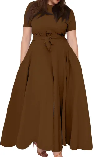 Summer Dresses for Women 2025 Plus Size Short Sleeve Midi Solid Tie High Waist Casual Dresses