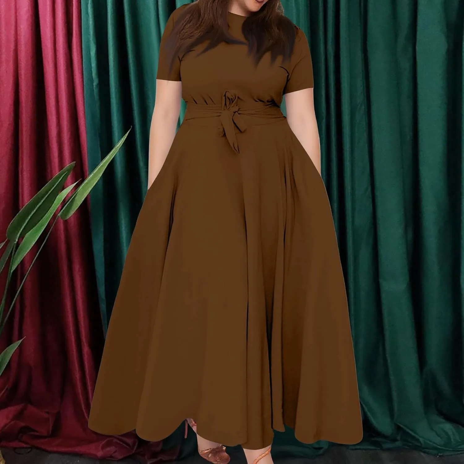 Summer Dresses for Women 2025 Plus Size Short Sleeve Midi Solid Tie High Waist Casual Dresses