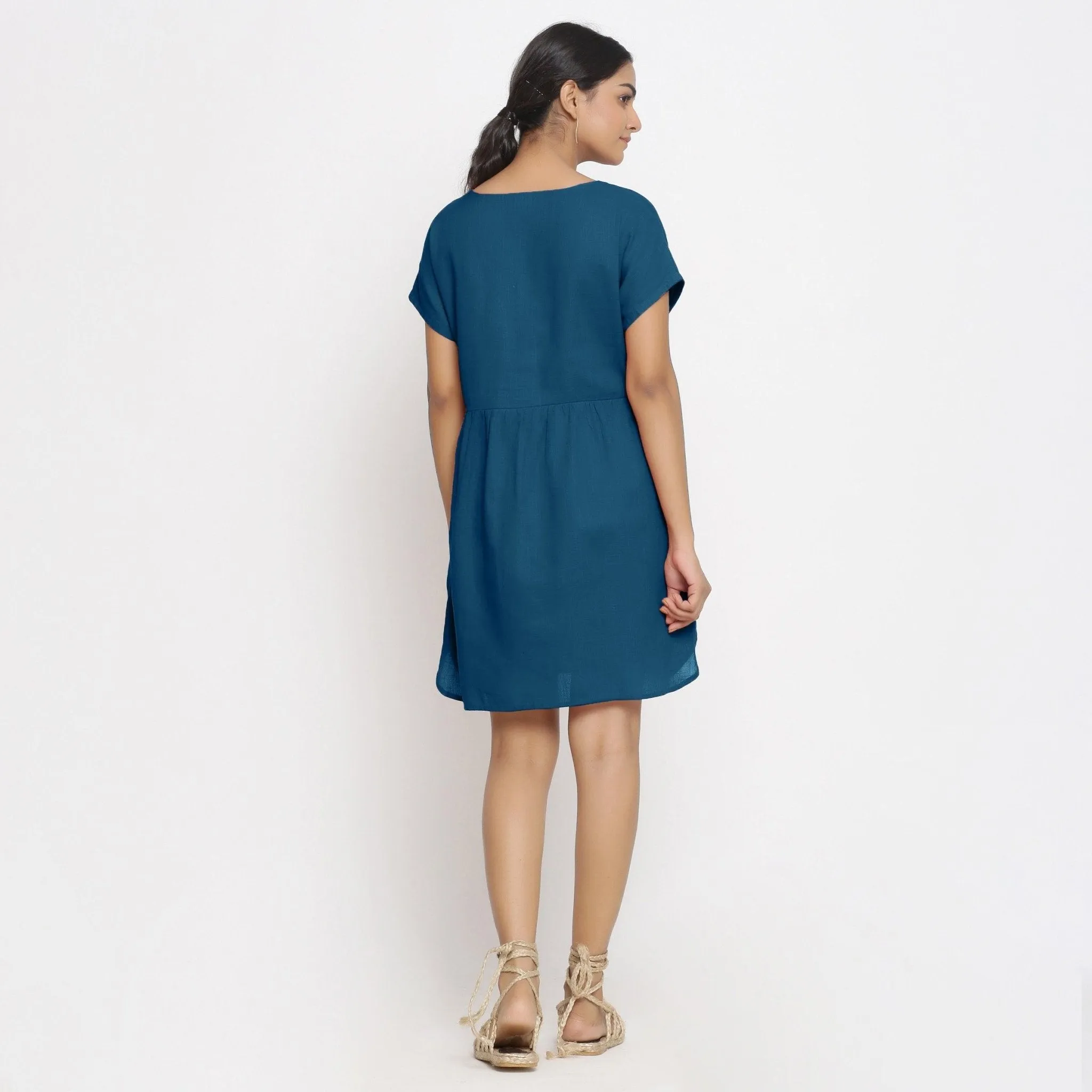 Teal 100% Cotton V-Neck Short Wrap Dress