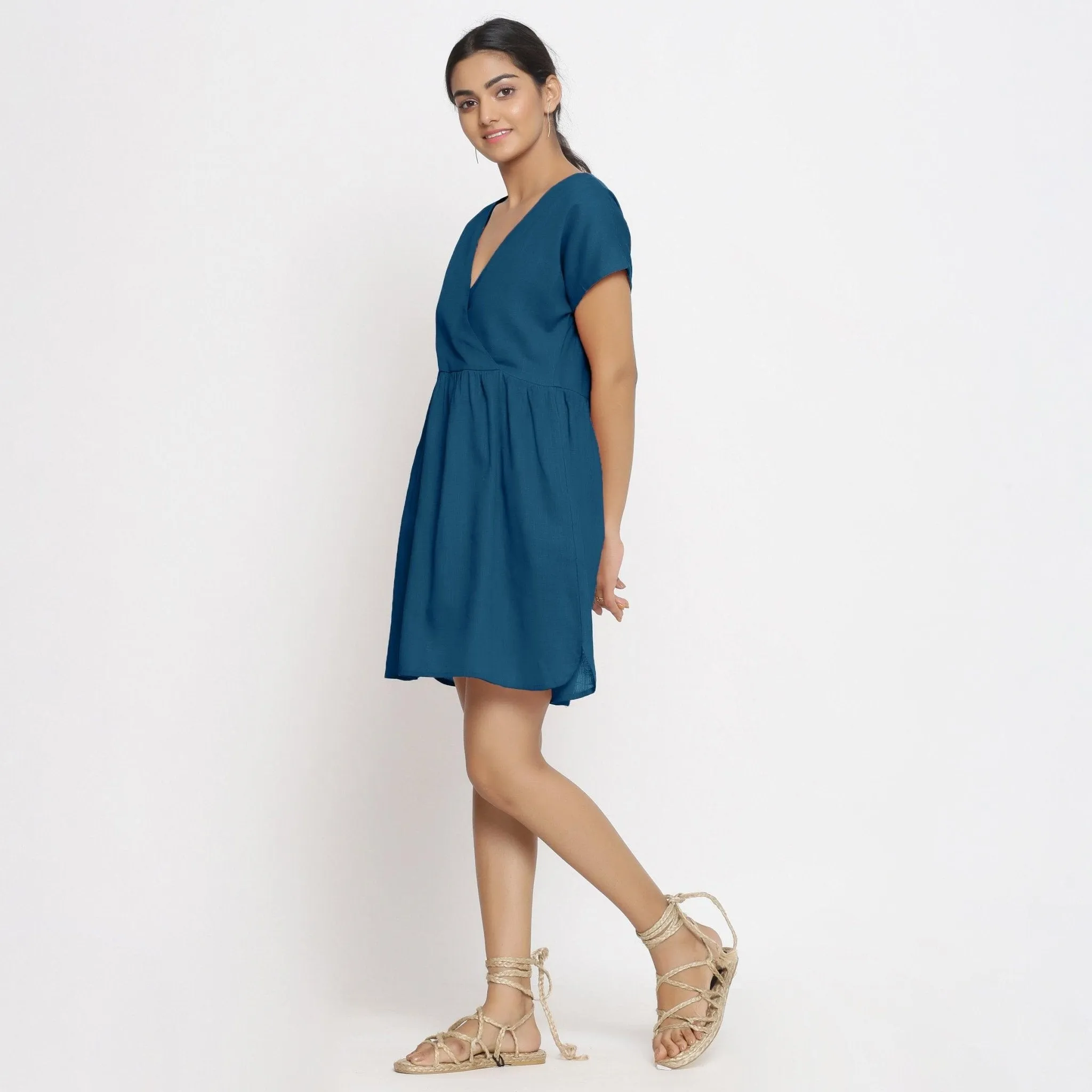 Teal 100% Cotton V-Neck Short Wrap Dress