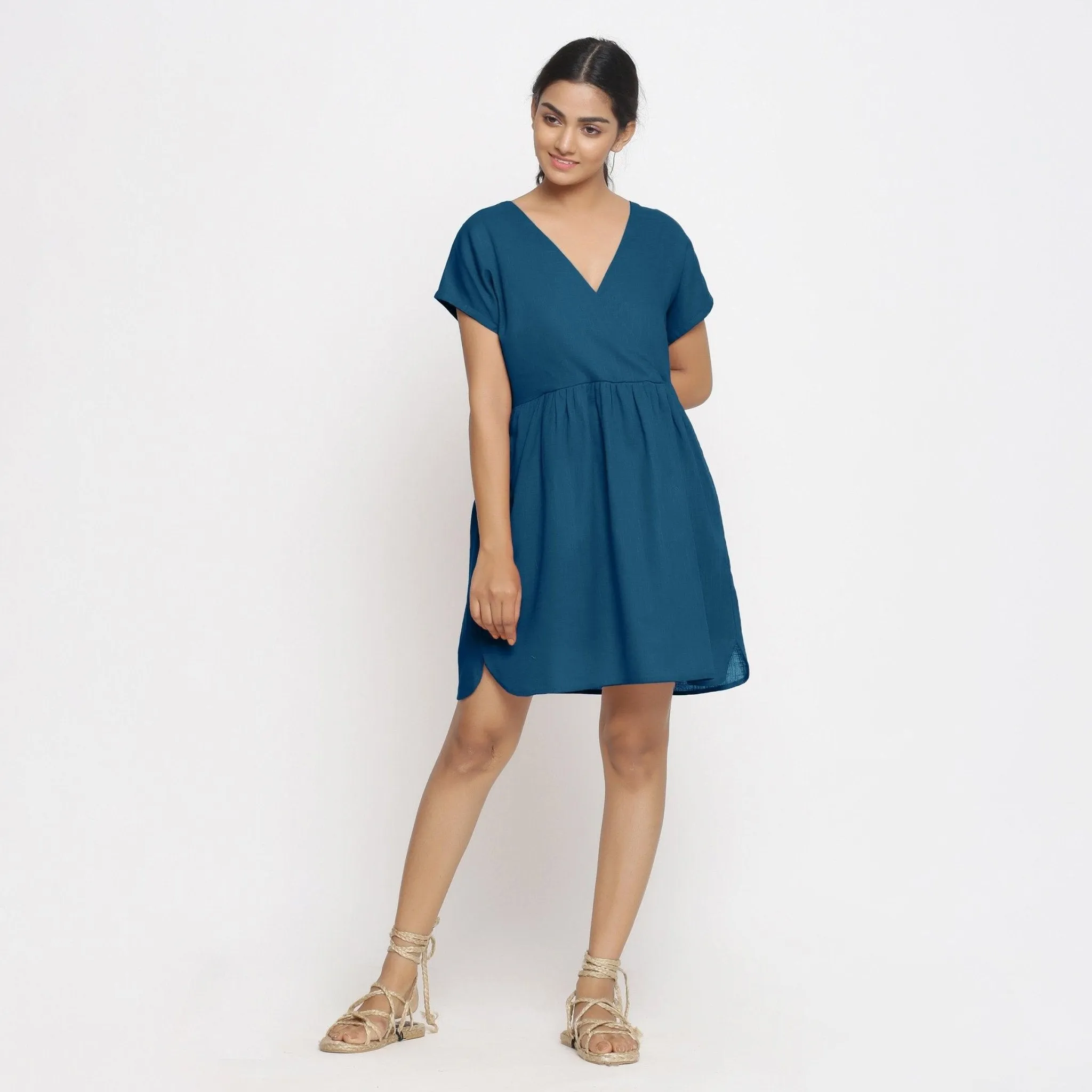 Teal 100% Cotton V-Neck Short Wrap Dress