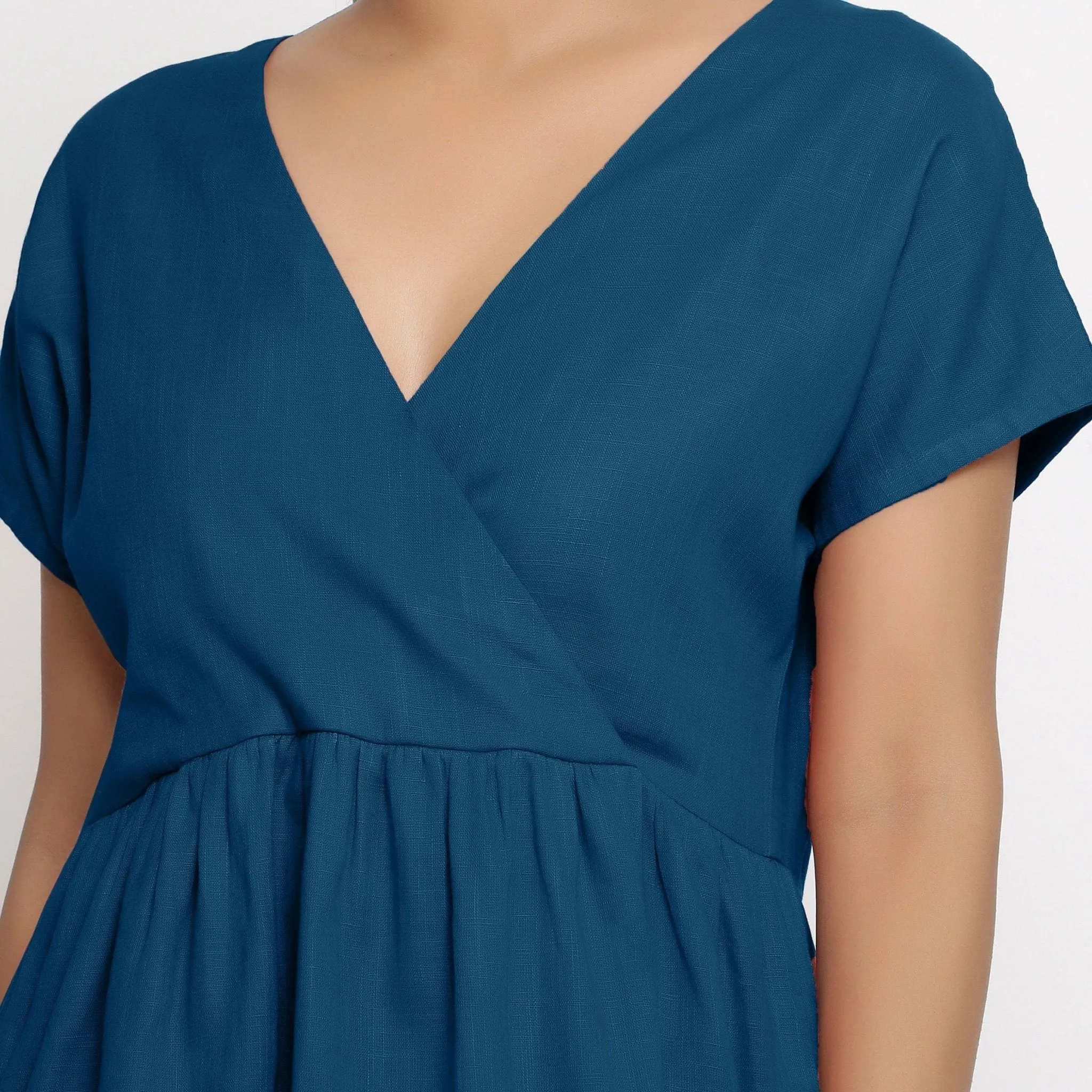 Teal 100% Cotton V-Neck Short Wrap Dress