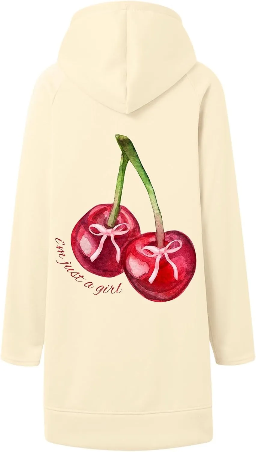 The Warmy Oversized Hoodie Dress Women Casual Cherry Print Long Sleeve Warmy Hoodie Split Hem Hoodies with Pocket