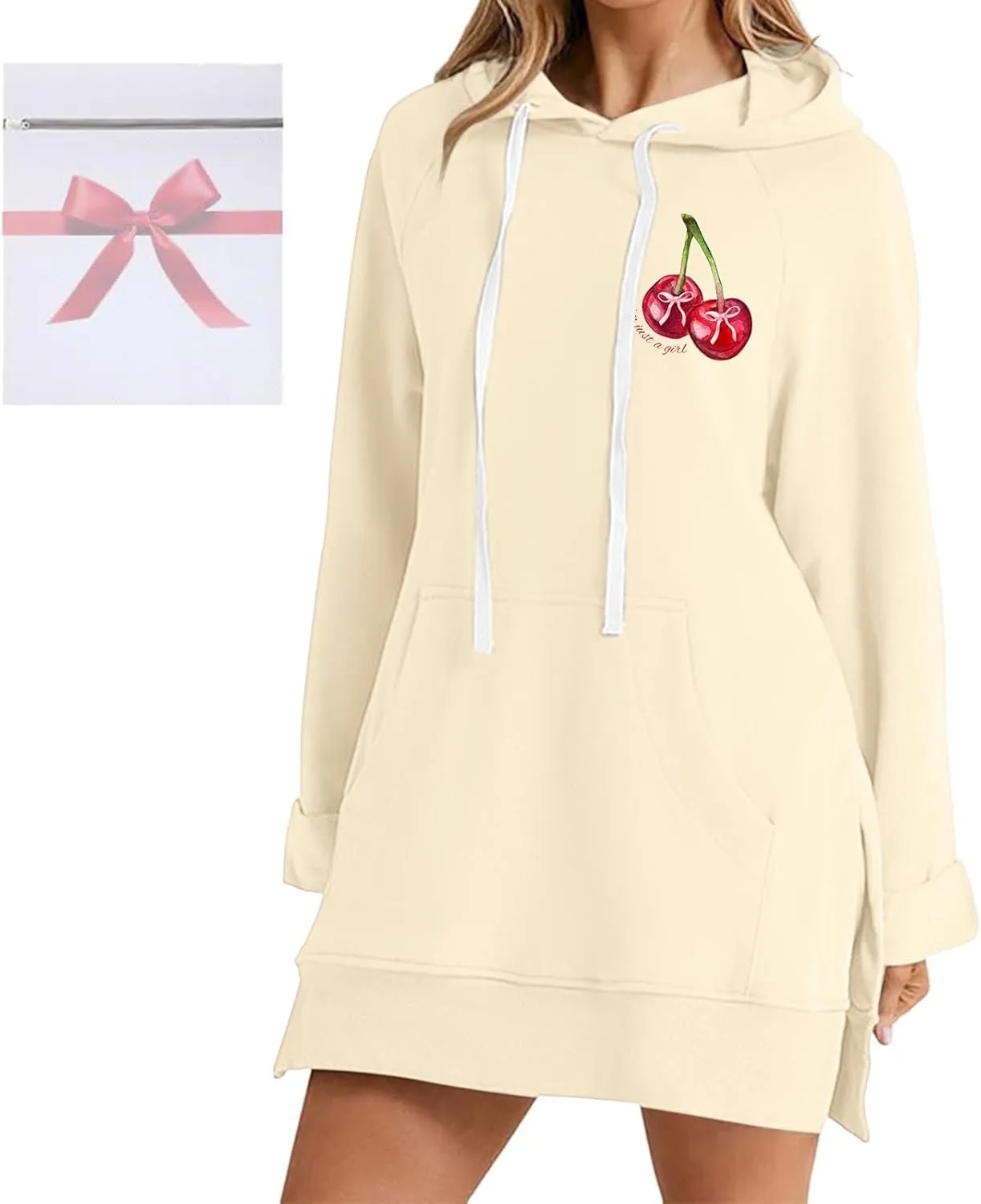 The Warmy Oversized Hoodie Dress Women Casual Cherry Print Long Sleeve Warmy Hoodie Split Hem Hoodies with Pocket