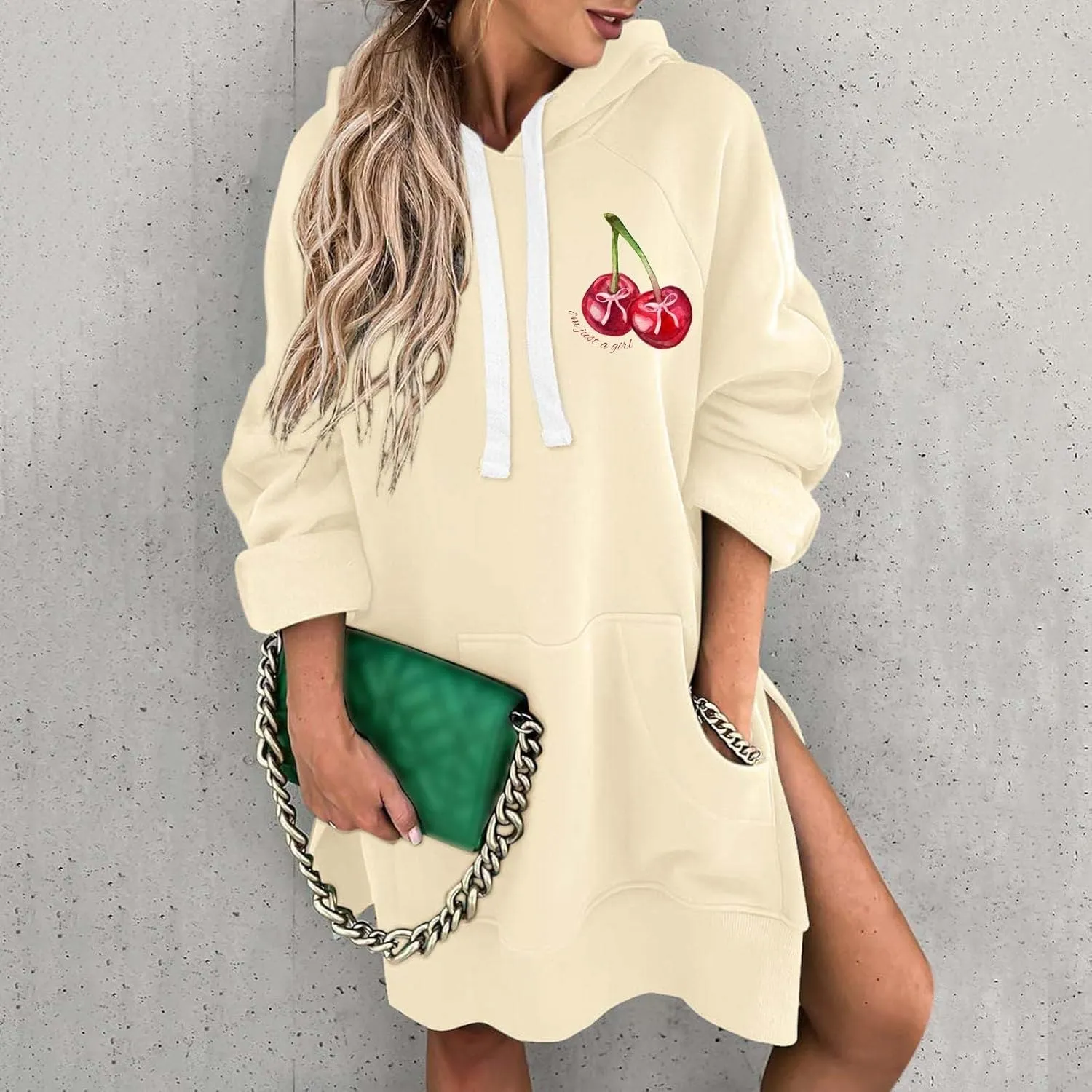 The Warmy Oversized Hoodie Dress Women Casual Cherry Print Long Sleeve Warmy Hoodie Split Hem Hoodies with Pocket