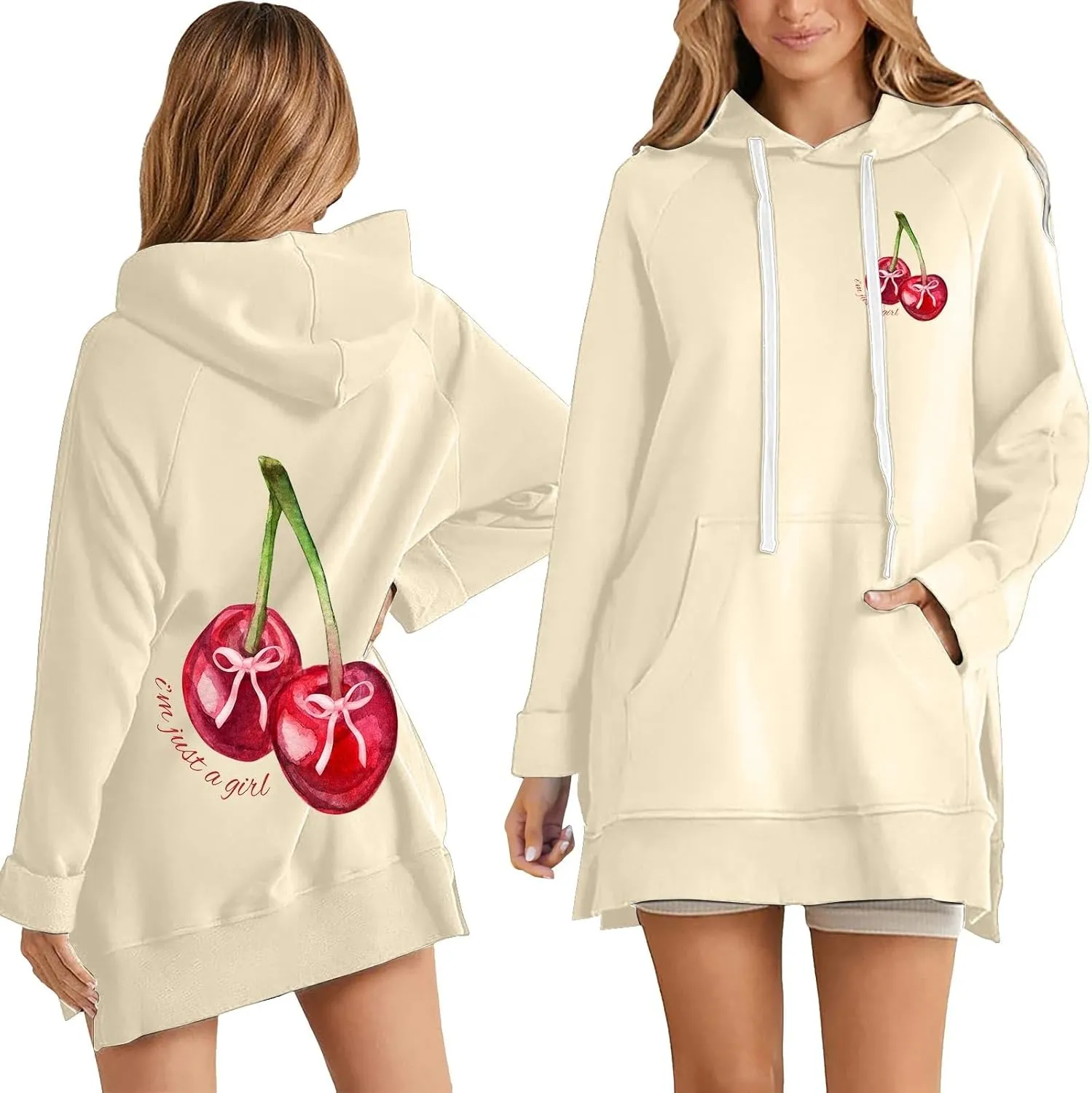The Warmy Oversized Hoodie Dress Women Casual Cherry Print Long Sleeve Warmy Hoodie Split Hem Hoodies with Pocket