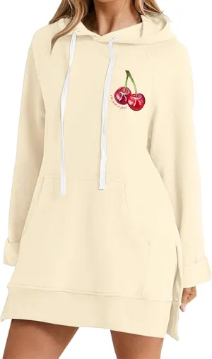 The Warmy Oversized Hoodie Dress Women Casual Cherry Print Long Sleeve Warmy Hoodie Split Hem Hoodies with Pocket