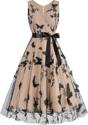 Tulle Embroidery Floral Dress for Women Sleeveless Mesh Flower Embroidered Tulle Prom Dress Summer Wedding Tea Party Dress